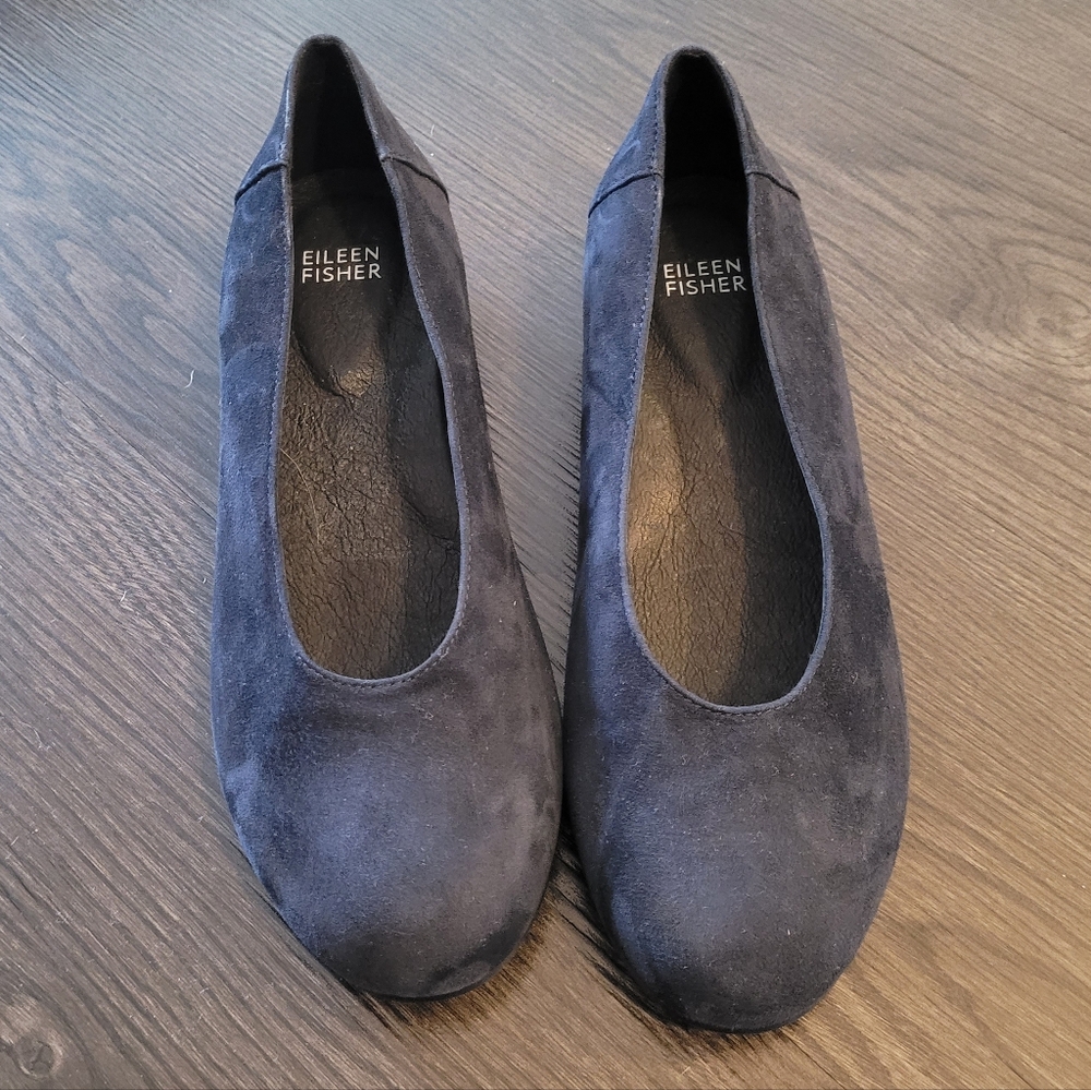 NWOB Eileen Fisher Una 2 Flat Womens 7.5 Navy Blue Suede Ballet Slip On Wedge
